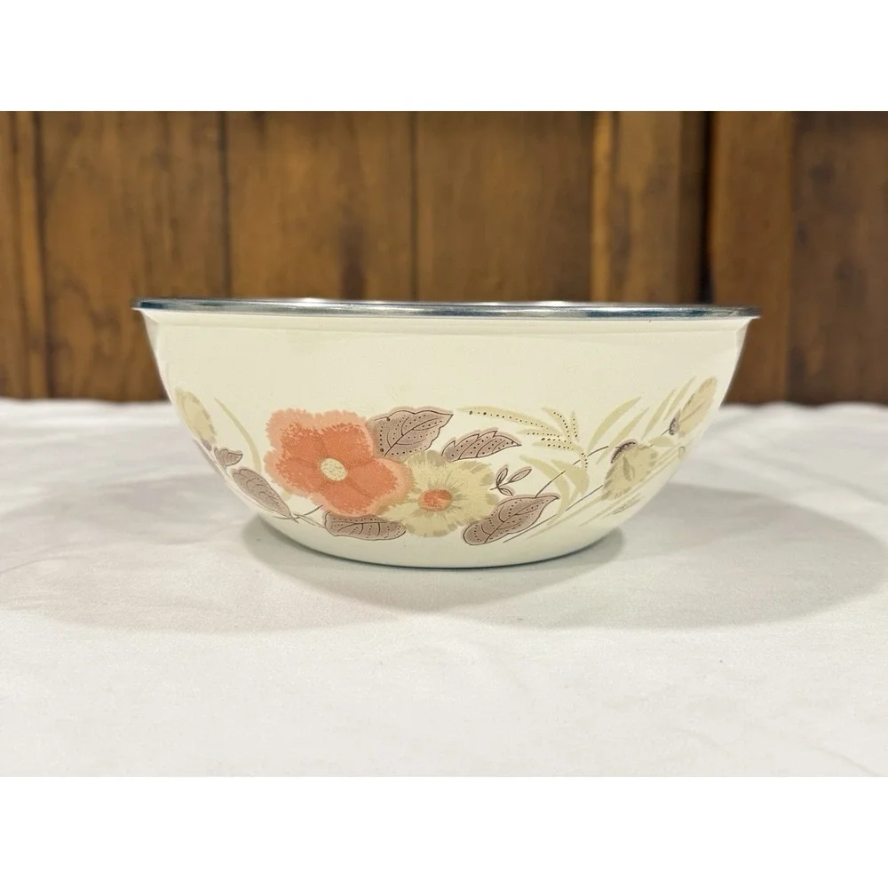 Vintage Enamelware Nesting Mixing Bowls Set 3 Orange Floral 70s Farmhouse